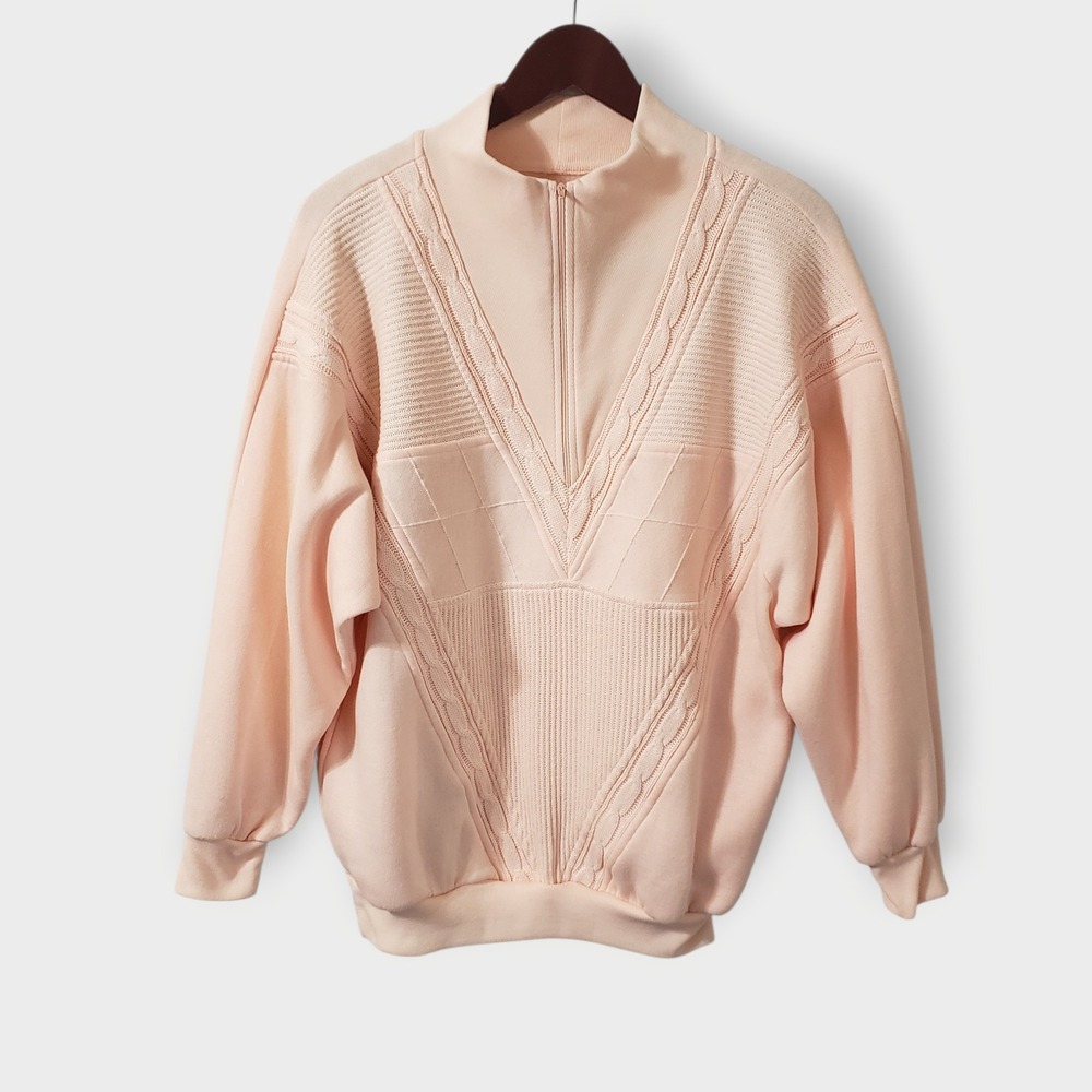 San Francisco Bay Wear Vintage 80s Peach 1/4 Zip Cable Knit‎ Sweatshirt Sz Lg